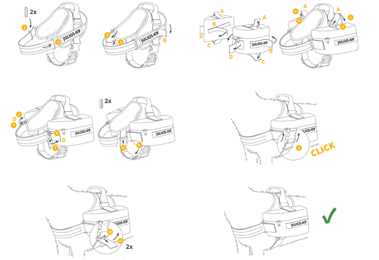 obrazkowa instrukcja mocowania toreb bocznych do szelek Julius-K9