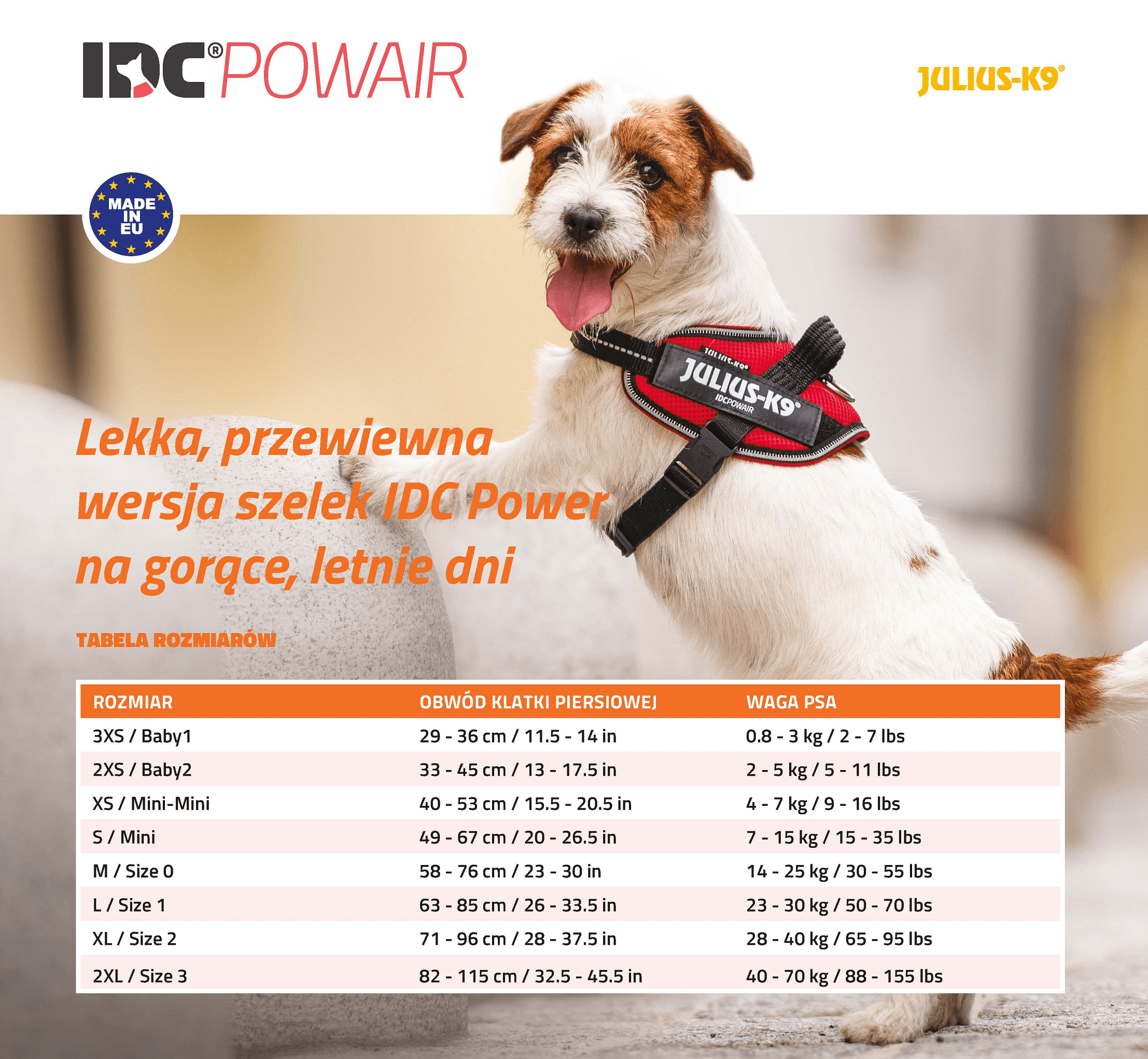 szelki dla psa IDC PowAir tabela rozmiarów